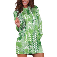 Green Hawaii Tapa Pattern Hoodie Dress With Heliconia Vintage Style