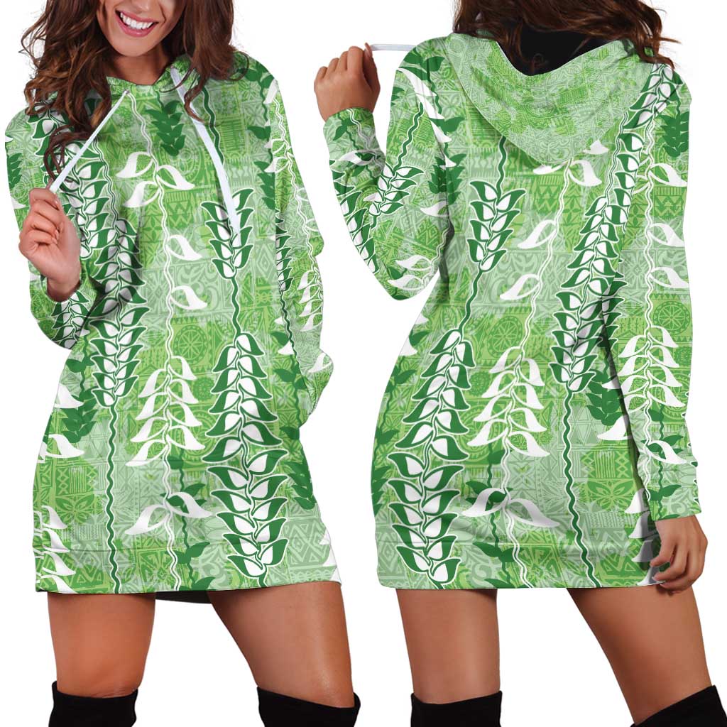 Green Hawaii Tapa Pattern Hoodie Dress With Heliconia Vintage Style