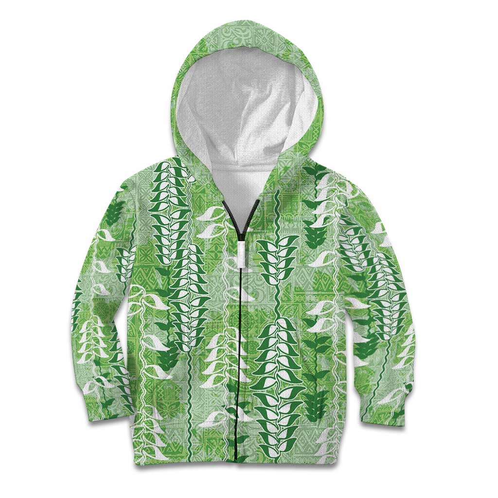 Green Hawaii Tapa Pattern Kid Hoodie With Heliconia Vintage Style