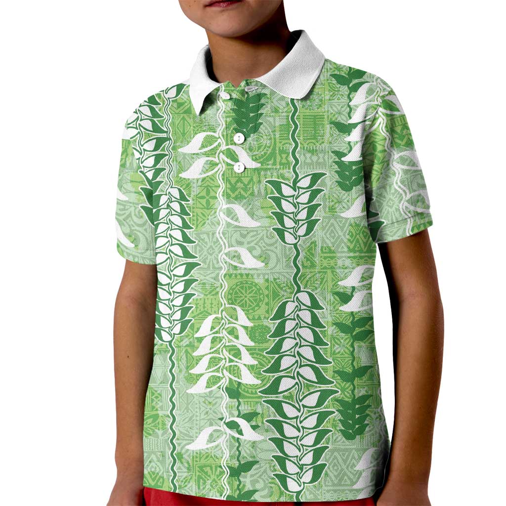 Green Hawaii Tapa Pattern Kid Polo Shirt With Heliconia Vintage Style