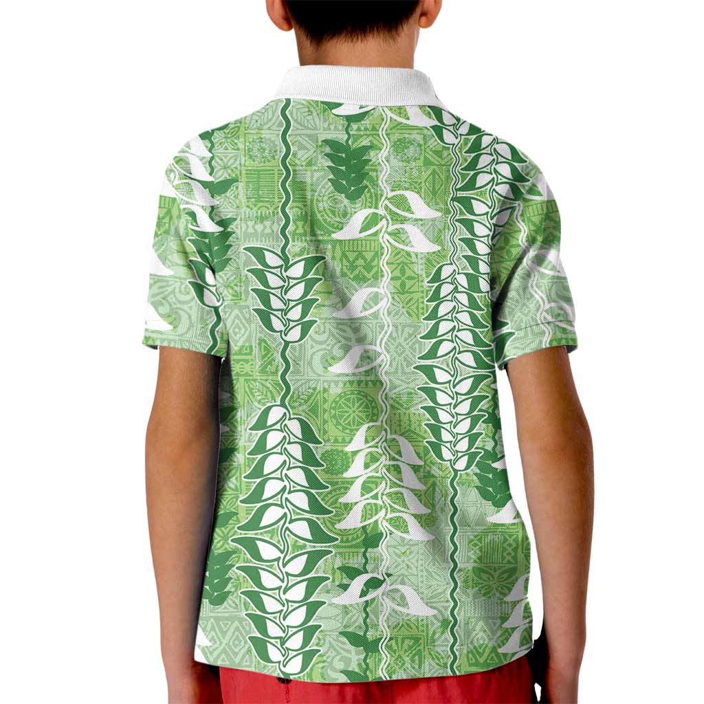 Green Hawaii Tapa Pattern Kid Polo Shirt With Heliconia Vintage Style