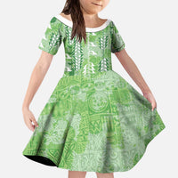 Green Hawaii Tapa Pattern Kid Short Sleeve Dress With Heliconia Vintage Style