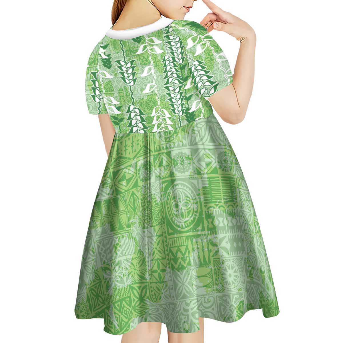 Green Hawaii Tapa Pattern Kid Short Sleeve Dress With Heliconia Vintage Style