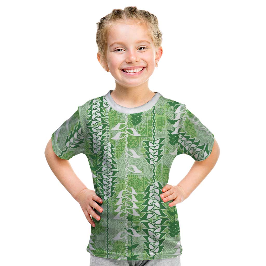 Green Hawaii Tapa Pattern Kid T Shirt With Heliconia Vintage Style