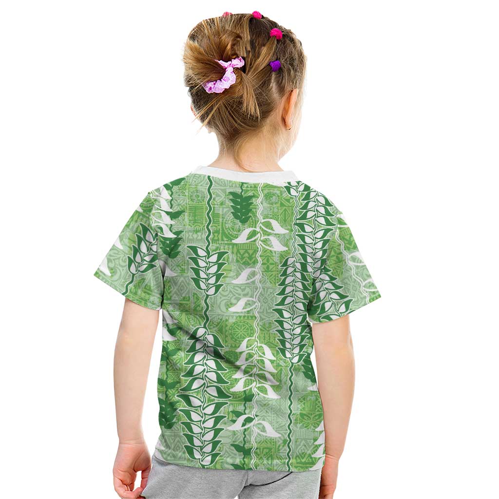 Green Hawaii Tapa Pattern Kid T Shirt With Heliconia Vintage Style