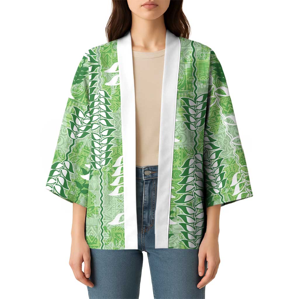 Green Hawaii Tapa Pattern Kimono With Heliconia Vintage Style