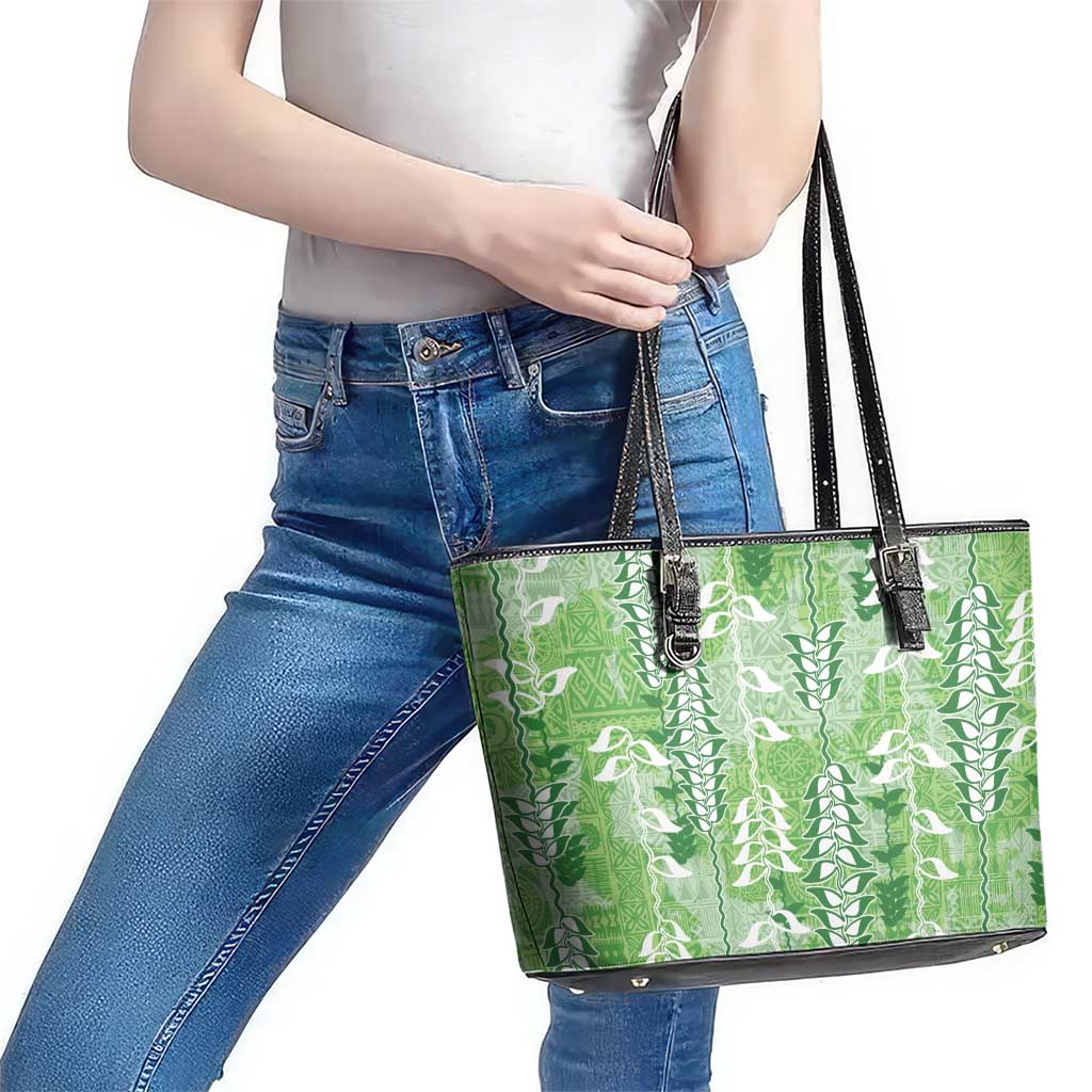 Green Hawaii Tapa Pattern Leather Tote Bag With Heliconia Vintage Style