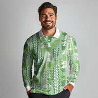 Green Hawaii Tapa Pattern Long Sleeve Polo Shirt With Heliconia Vintage Style