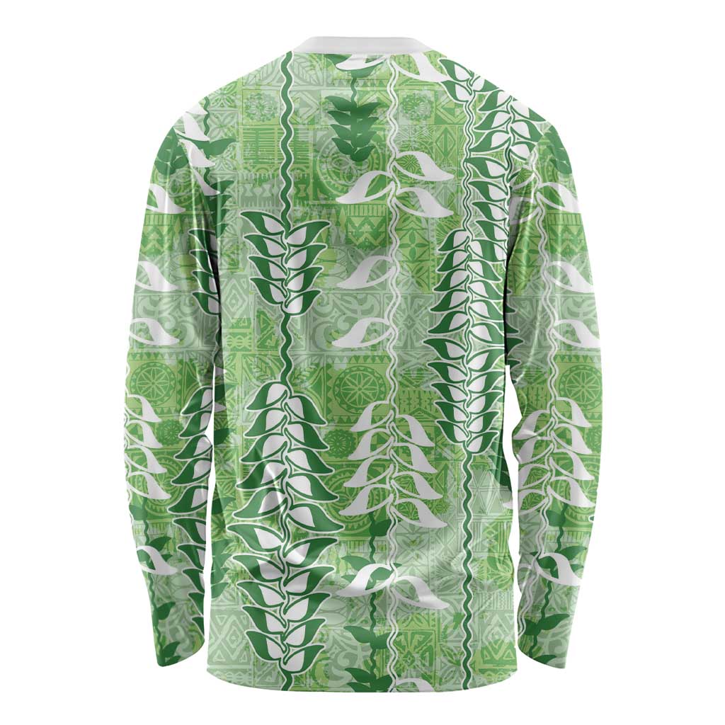 Green Hawaii Tapa Pattern Long Sleeve Shirt With Heliconia Vintage Style