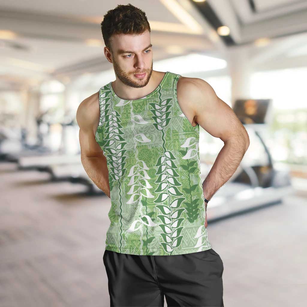 Green Hawaii Tapa Pattern Men Tank Top With Heliconia Vintage Style