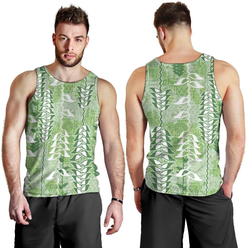 Green Hawaii Tapa Pattern Men Tank Top With Heliconia Vintage Style