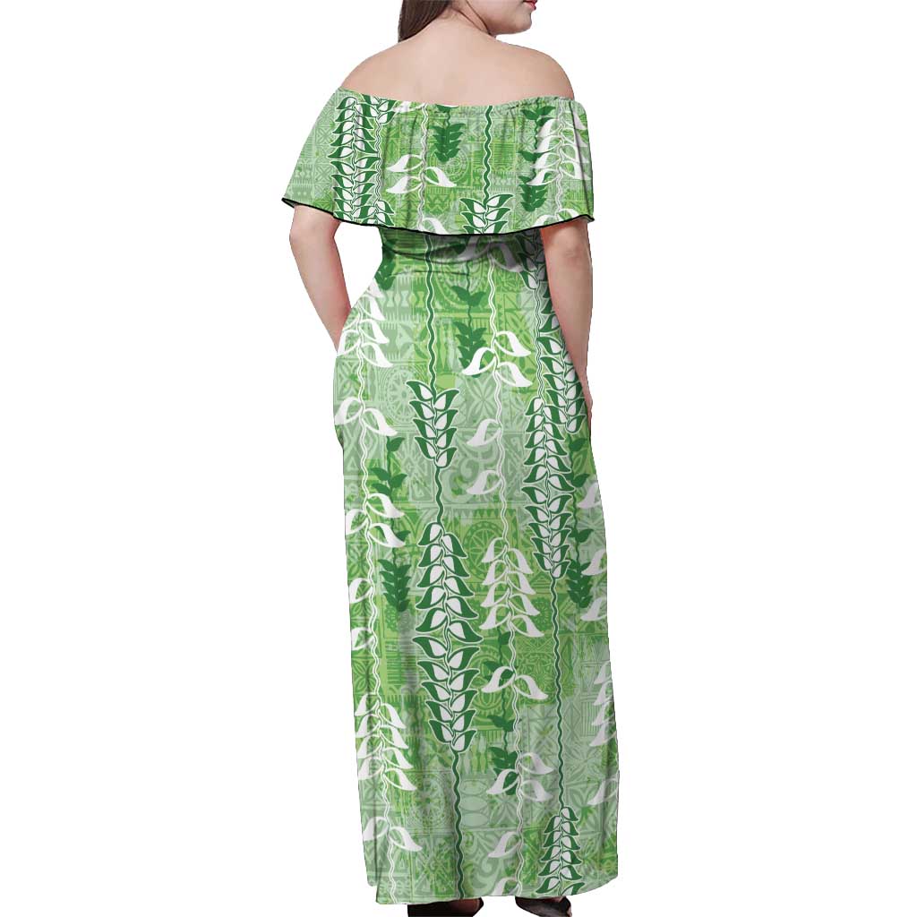 Green Hawaii Tapa Pattern Off Shoulder Maxi Dress With Heliconia Vintage Style