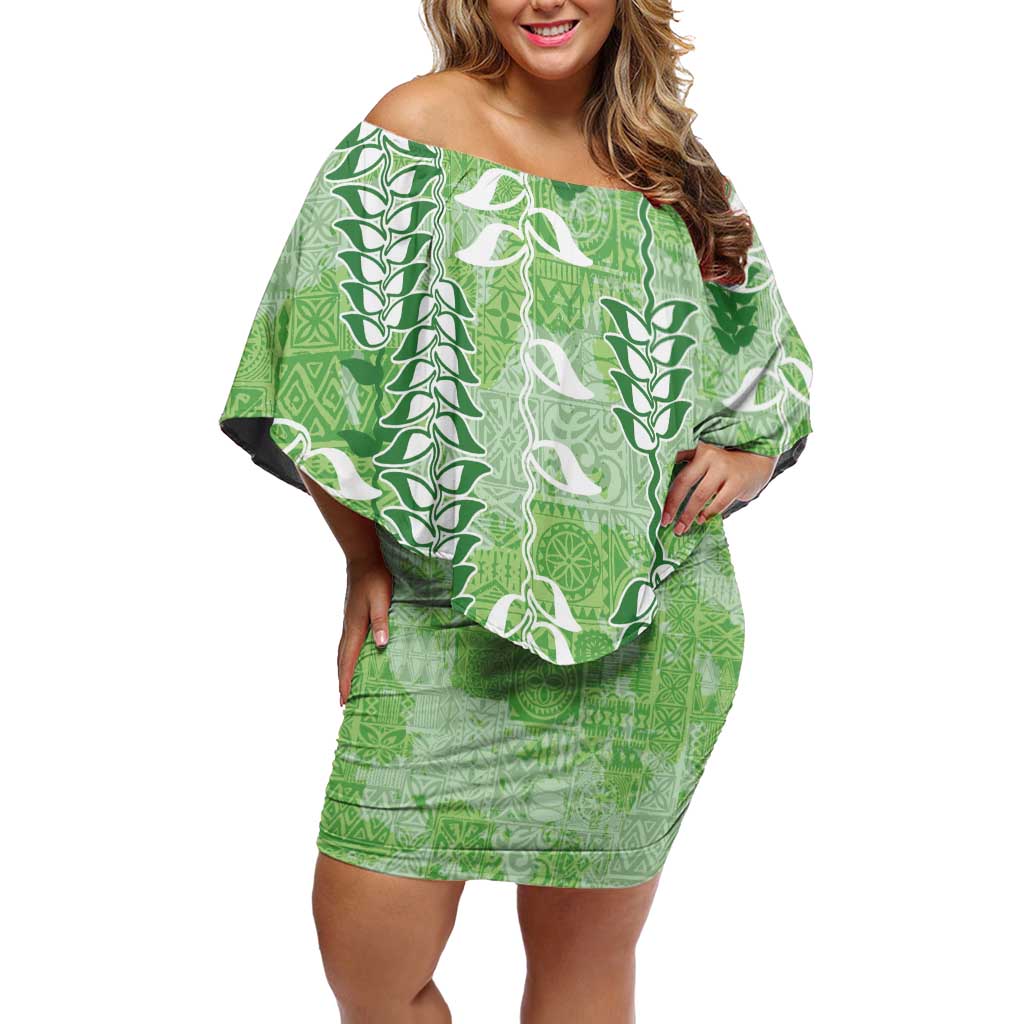 Green Hawaii Tapa Pattern Off Shoulder Short Dress With Heliconia Vintage Style