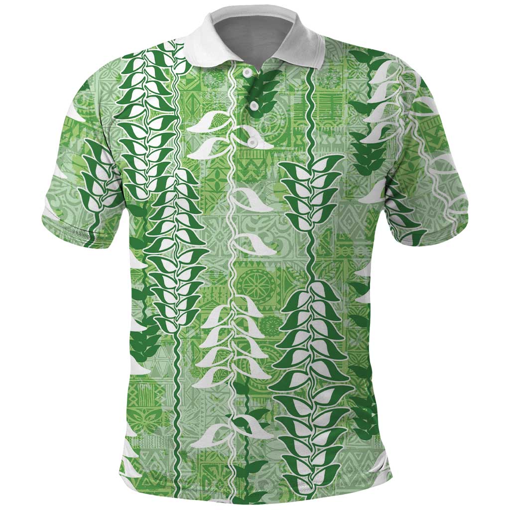 Green Hawaii Tapa Pattern Polo Shirt With Heliconia Vintage Style