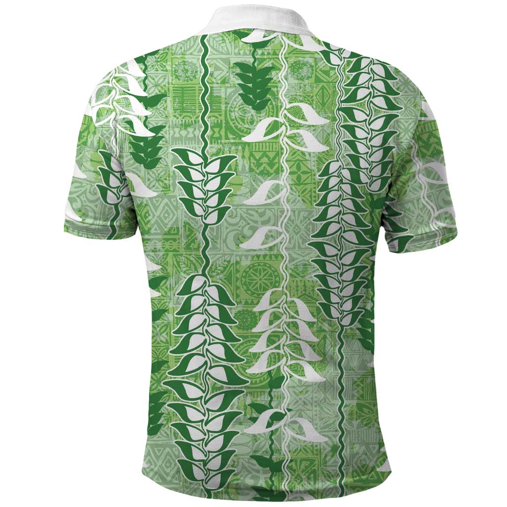 Green Hawaii Tapa Pattern Polo Shirt With Heliconia Vintage Style