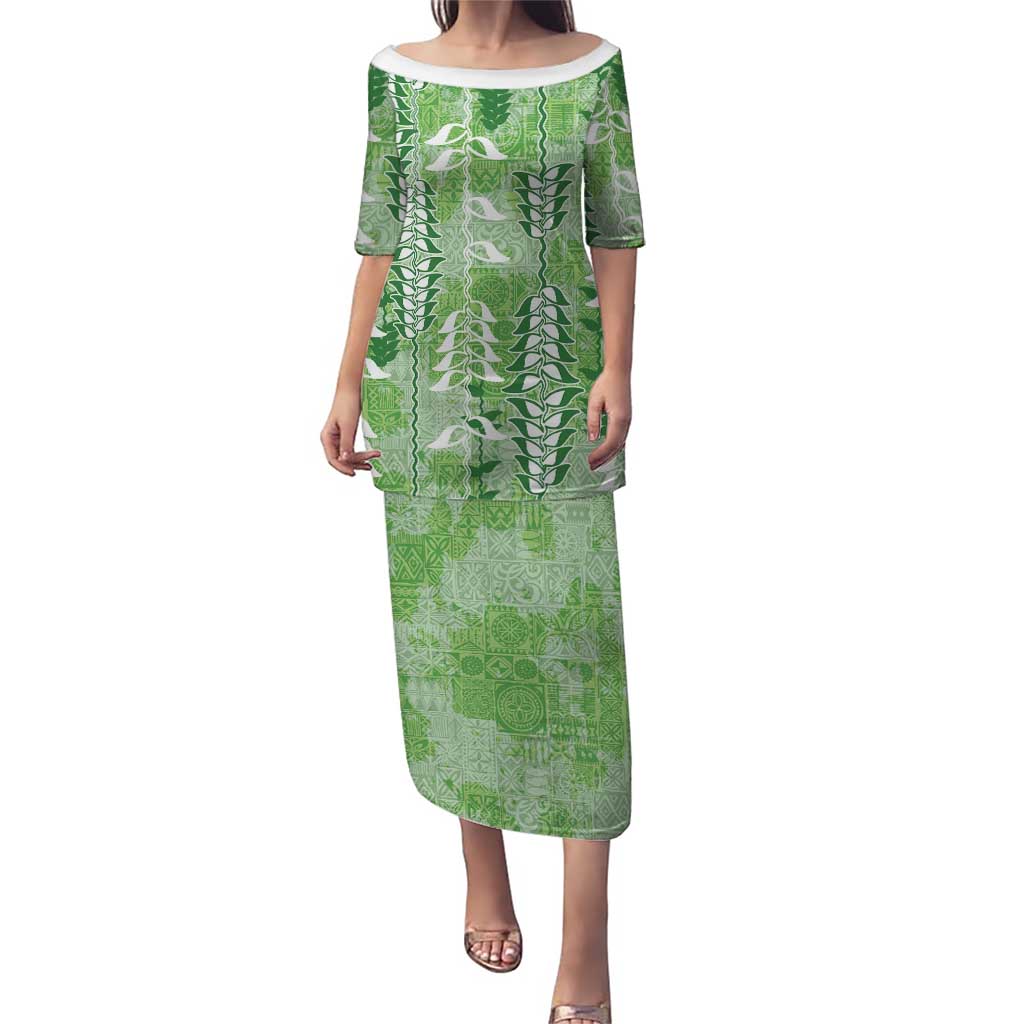 Green Hawaii Tapa Pattern Puletasi With Heliconia Vintage Style