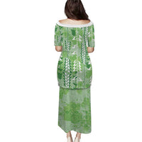 Green Hawaii Tapa Pattern Puletasi With Heliconia Vintage Style