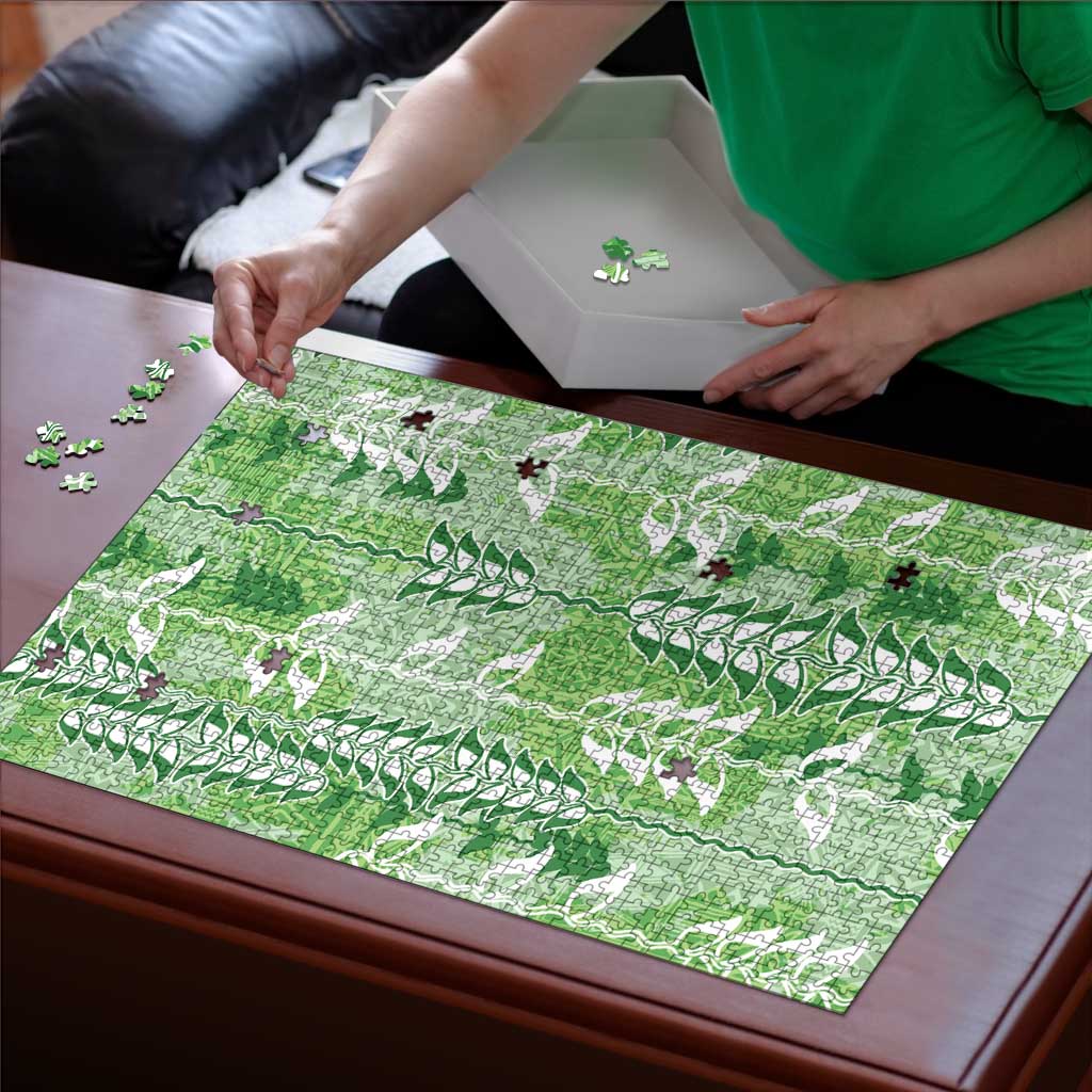 Green Hawaii Tapa Pattern Puzzle With Heliconia Vintage Style