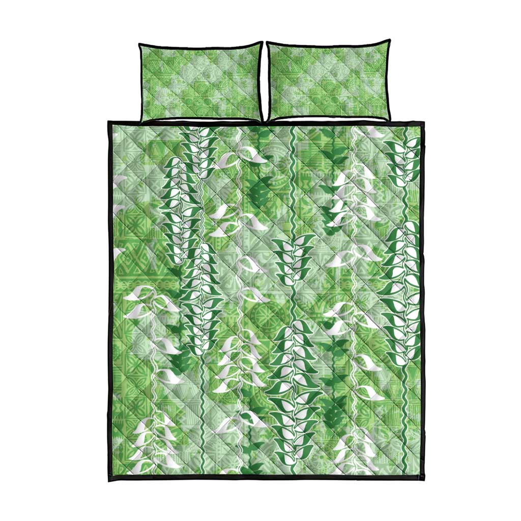 Green Hawaii Tapa Pattern Quilt Bed Set With Heliconia Vintage Style