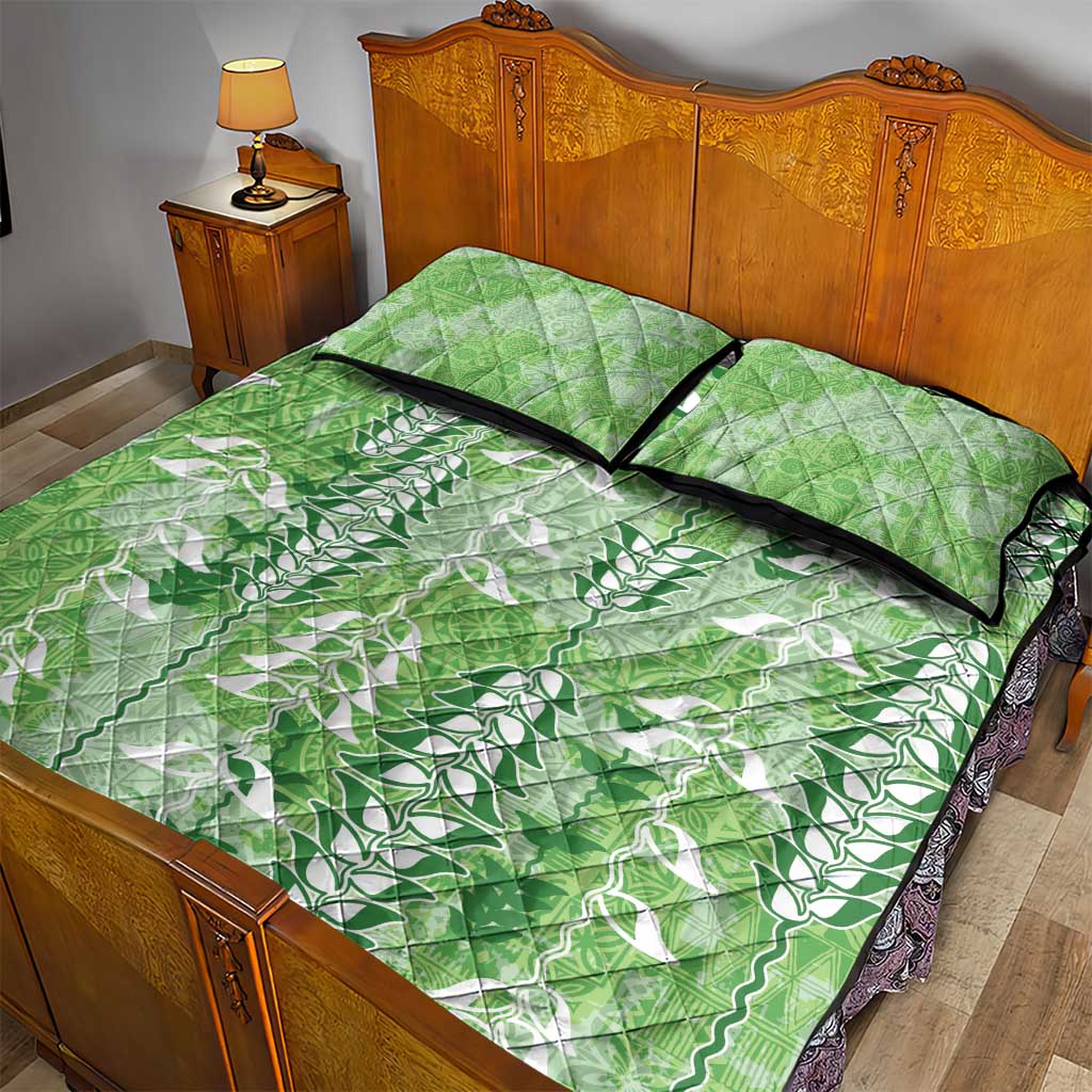 Green Hawaii Tapa Pattern Quilt Bed Set With Heliconia Vintage Style