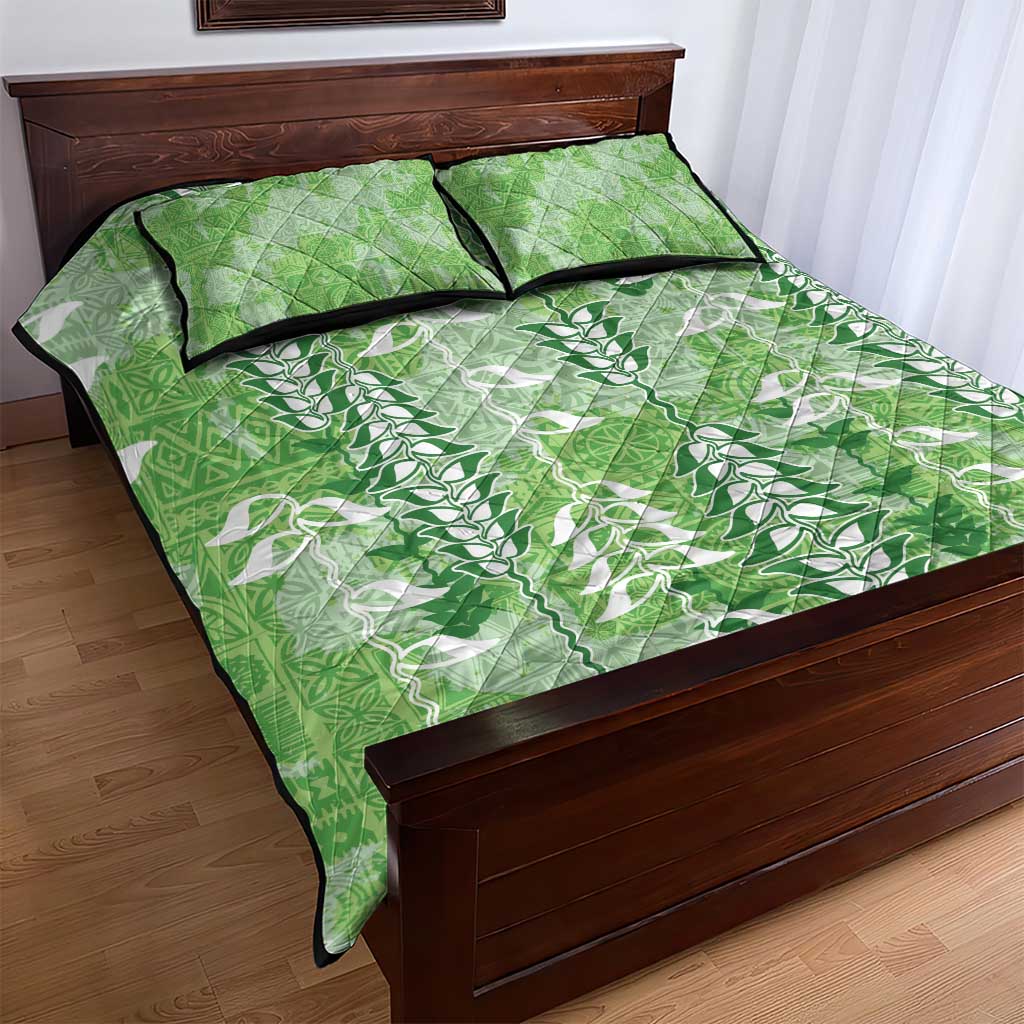 Green Hawaii Tapa Pattern Quilt Bed Set With Heliconia Vintage Style