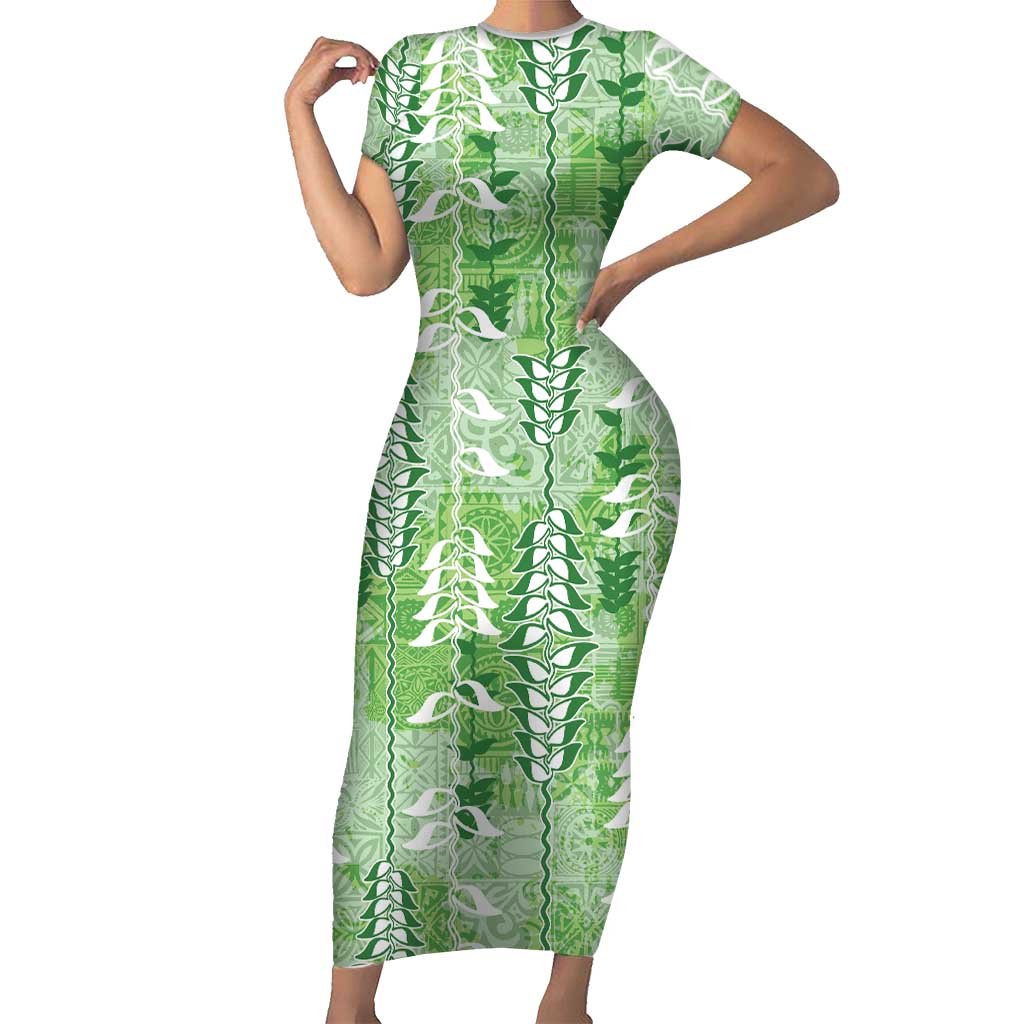 Green Hawaii Tapa Pattern Short Sleeve Bodycon Dress With Heliconia Vintage Style
