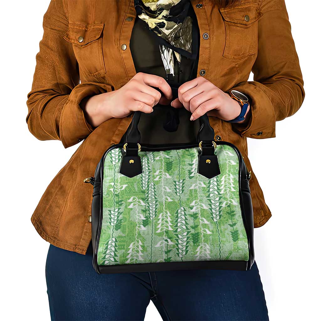 Green Hawaii Tapa Pattern Shoulder Handbag With Heliconia Vintage Style
