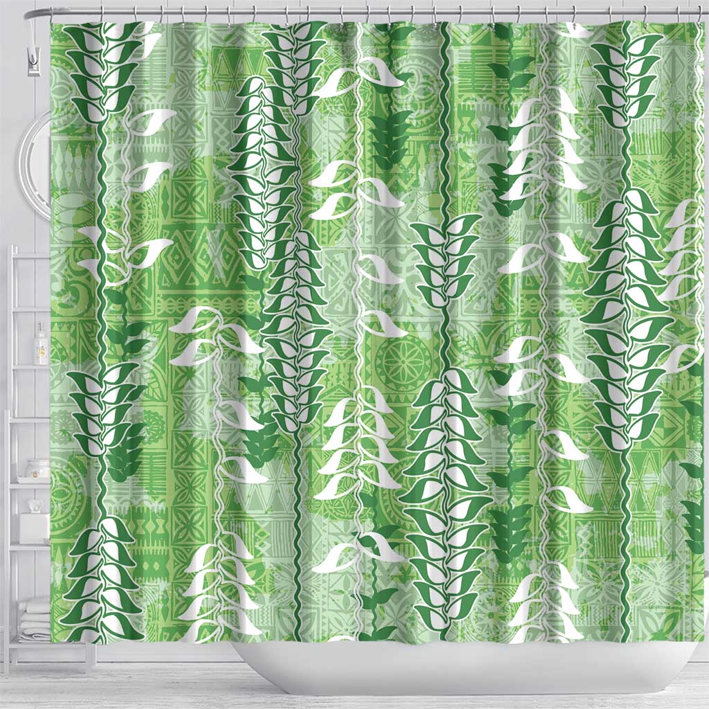 Green Hawaii Tapa Pattern Shower Curtain With Heliconia Vintage Style