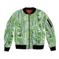 Green Hawaii Tapa Pattern Sleeve Zip Bomber Jacket With Heliconia Vintage Style
