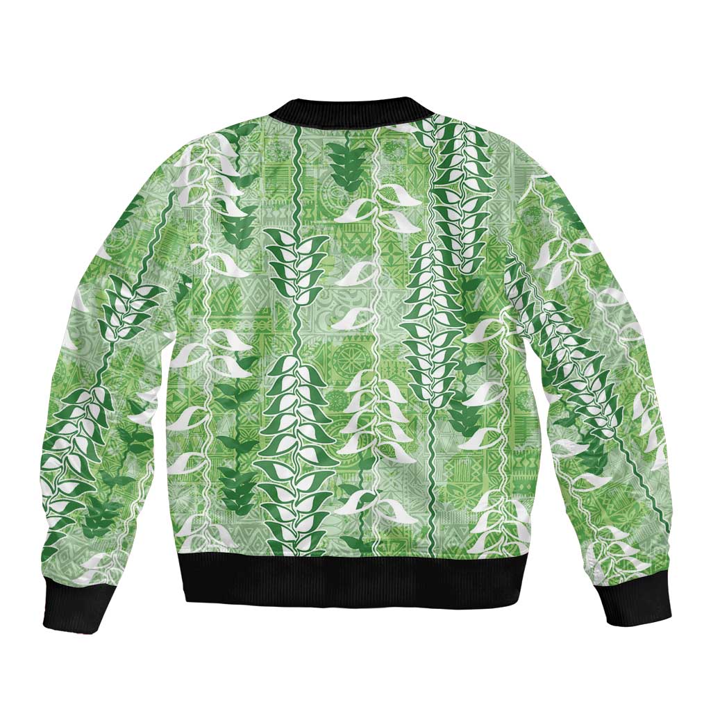 Green Hawaii Tapa Pattern Sleeve Zip Bomber Jacket With Heliconia Vintage Style
