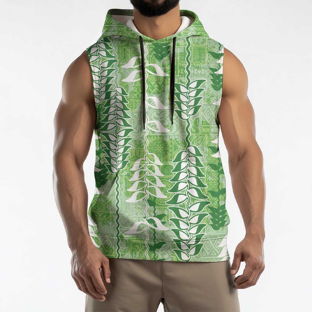Green Hawaii Tapa Pattern Sleeveless Hoodie With Heliconia Vintage Style