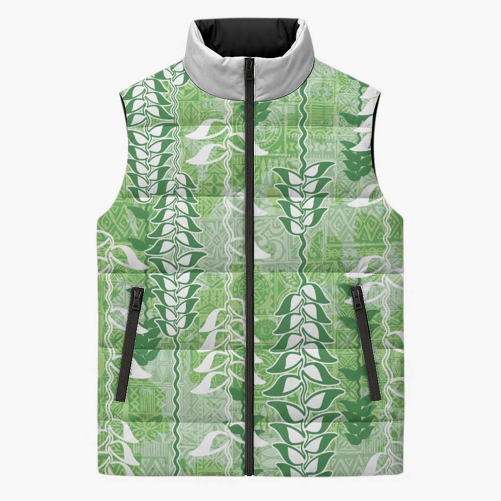 Green Hawaii Tapa Pattern Sleeveless Puffer Jacket With Heliconia Vintage Style