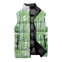 Green Hawaii Tapa Pattern Sleeveless Puffer Jacket With Heliconia Vintage Style
