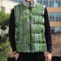 Green Hawaii Tapa Pattern Sleeveless Puffer Jacket With Heliconia Vintage Style