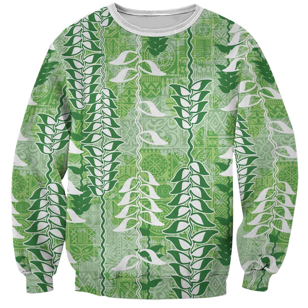 Green Hawaii Tapa Pattern Sweatshirt With Heliconia Vintage Style