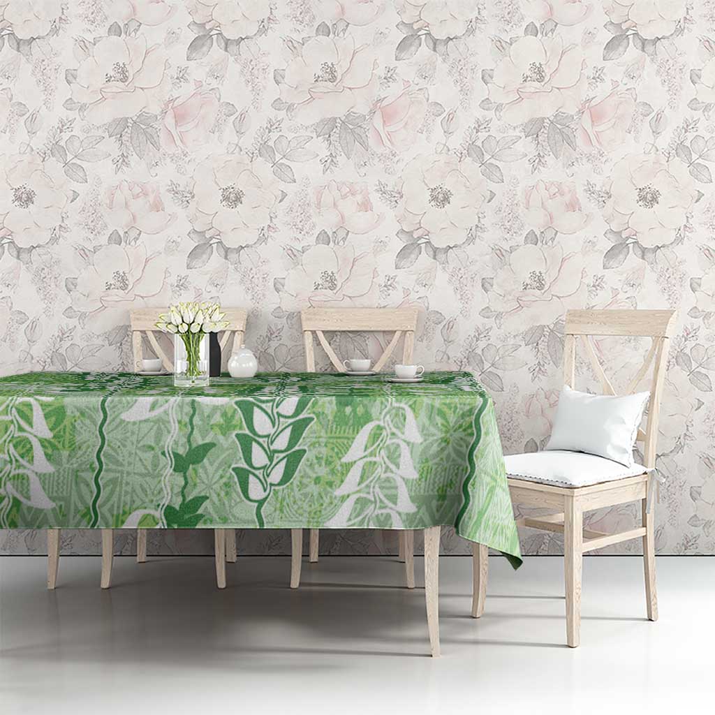 Green Hawaii Tapa Pattern Tablecloth With Heliconia Vintage Style