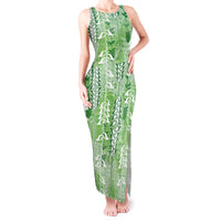 Green Hawaii Tapa Pattern Tank Maxi Dress With Heliconia Vintage Style