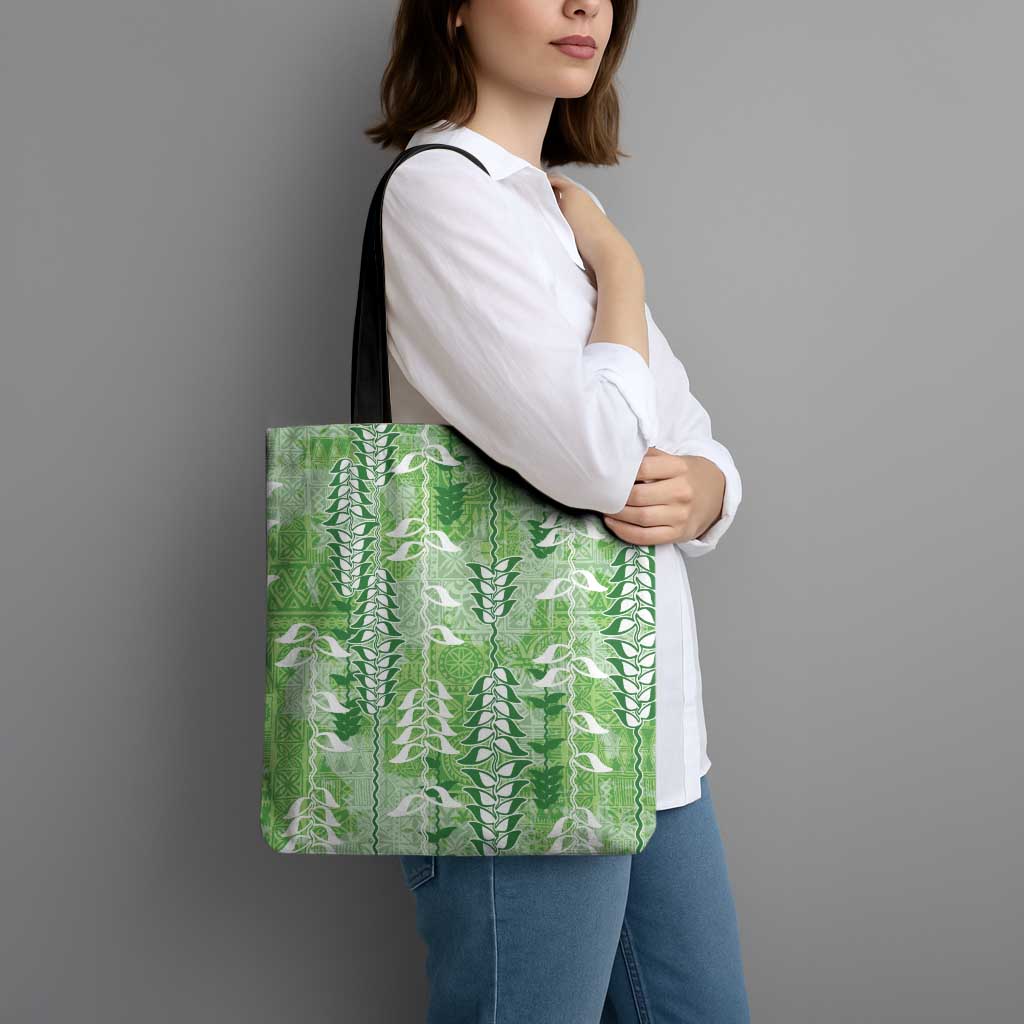 Green Hawaii Tapa Pattern Tote Bag With Heliconia Vintage Style