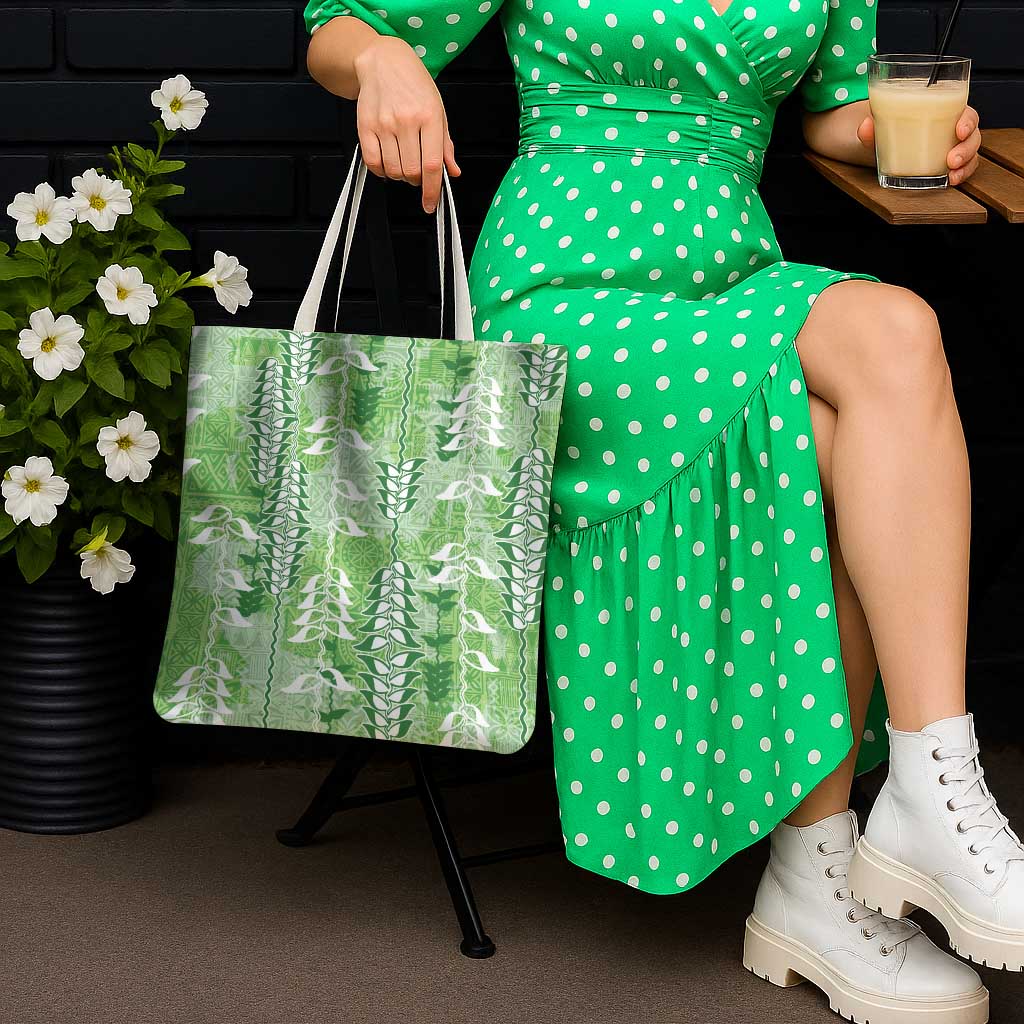 Green Hawaii Tapa Pattern Tote Bag With Heliconia Vintage Style