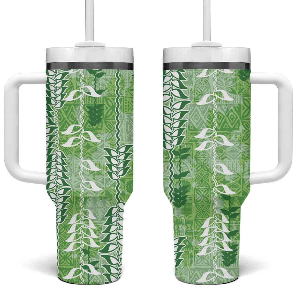 Green Hawaii Tapa Pattern Tumbler With Handle With Heliconia Vintage Style