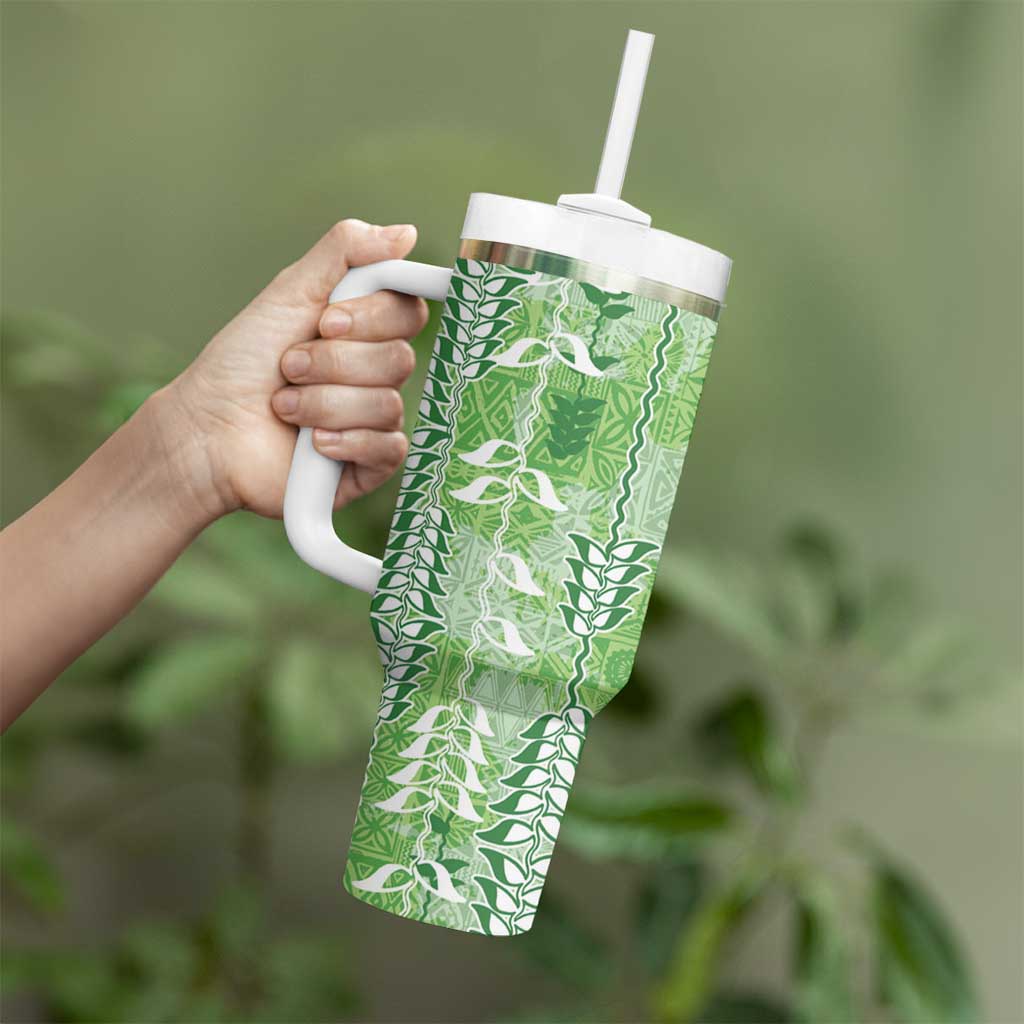 Green Hawaii Tapa Pattern Tumbler With Handle With Heliconia Vintage Style