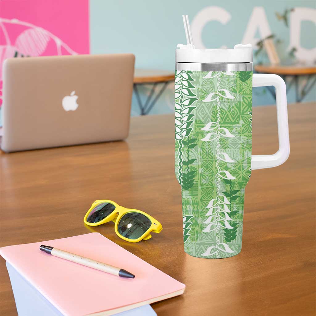 Green Hawaii Tapa Pattern Tumbler With Handle With Heliconia Vintage Style