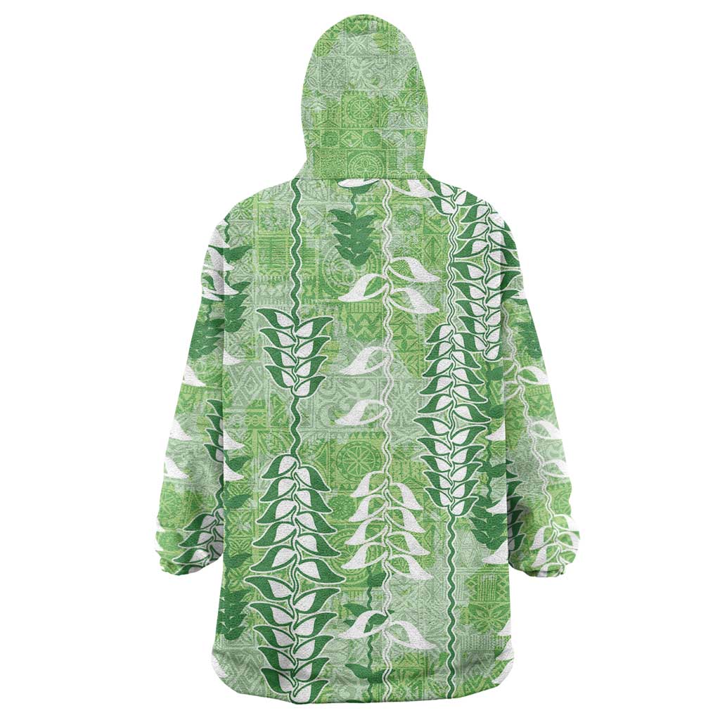 Green Hawaii Tapa Pattern Wearable Blanket Hoodie With Heliconia Vintage Style