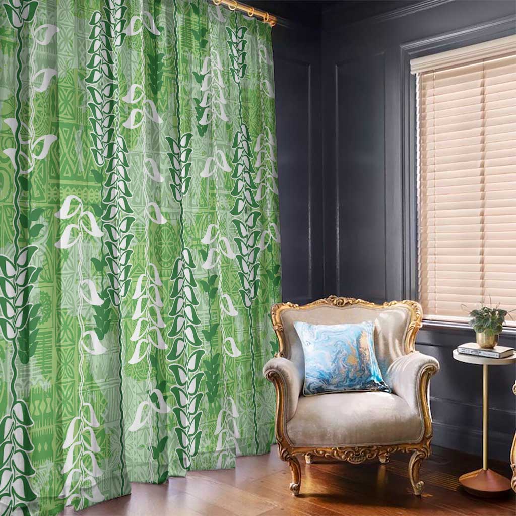 Green Hawaii Tapa Pattern Window Curtain With Heliconia Vintage Style