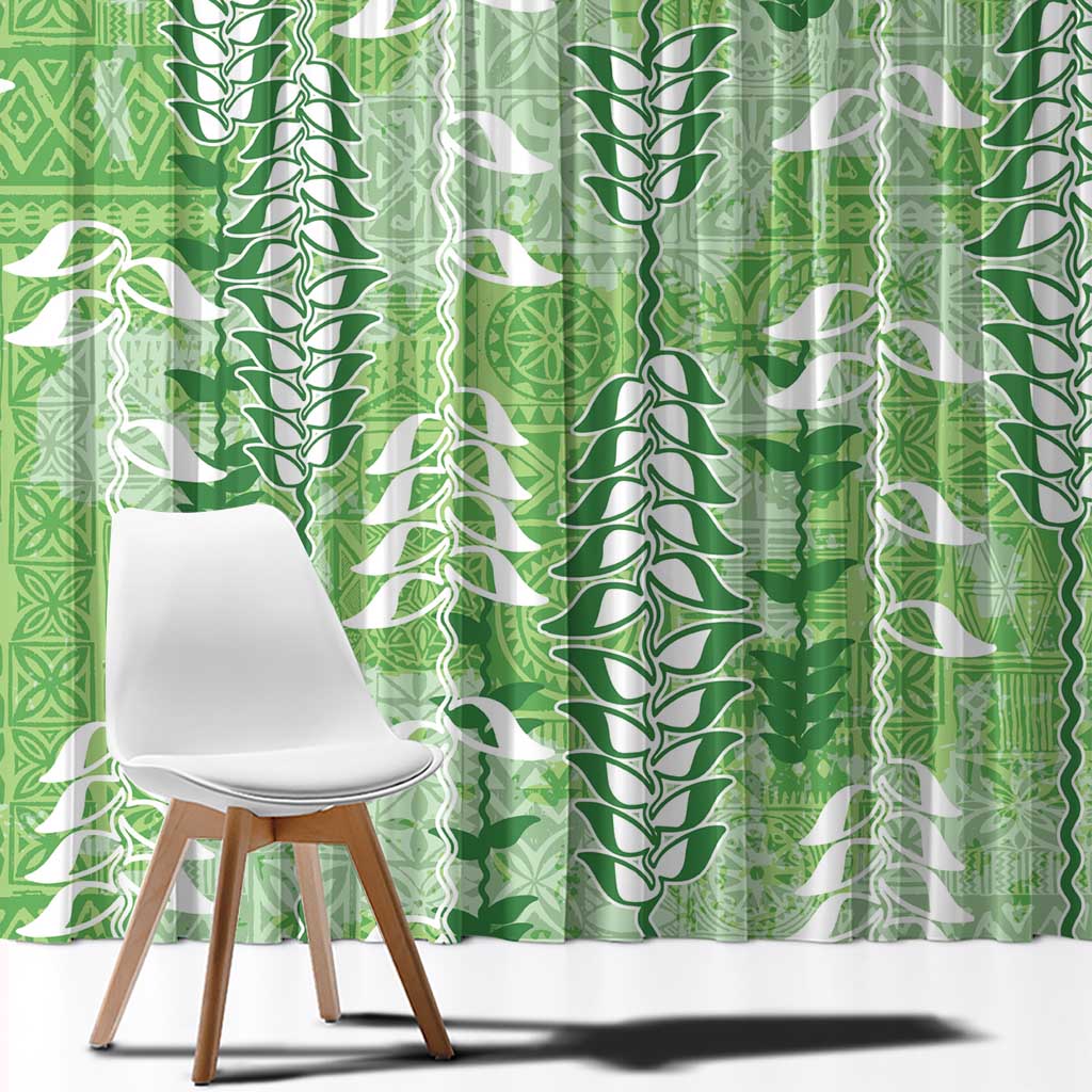 Green Hawaii Tapa Pattern Window Curtain With Heliconia Vintage Style