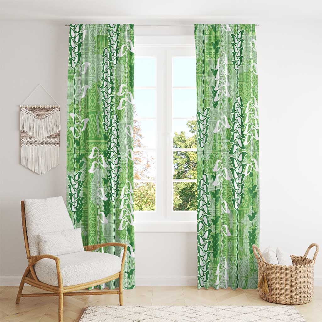Green Hawaii Tapa Pattern Window Curtain With Heliconia Vintage Style