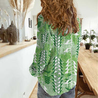 Green Hawaii Tapa Pattern Women Casual Shirt With Heliconia Vintage Style