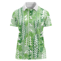 Green Hawaii Tapa Pattern Women Polo Shirt With Heliconia Vintage Style