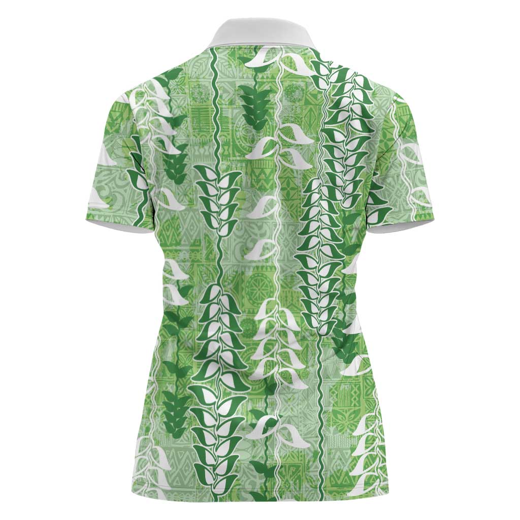 Green Hawaii Tapa Pattern Women Polo Shirt With Heliconia Vintage Style