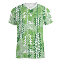 Green Hawaii Tapa Pattern Women V-Neck T-Shirt With Heliconia Vintage Style